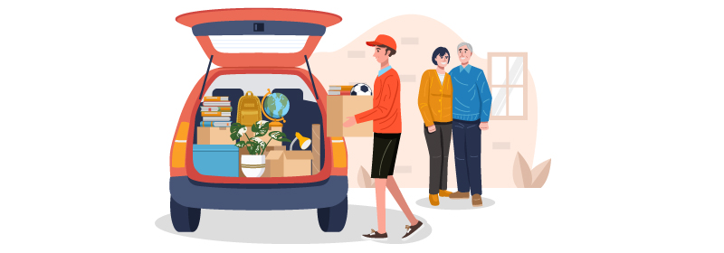 Student loading belongings into a car while parents watch