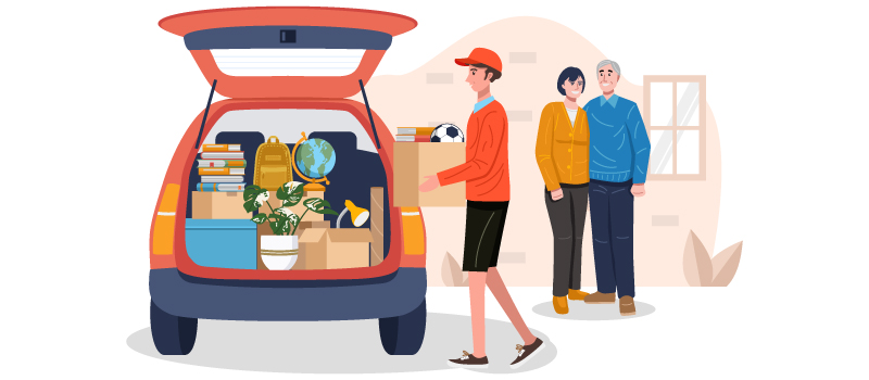 Student loading belongings into a car while parents watch